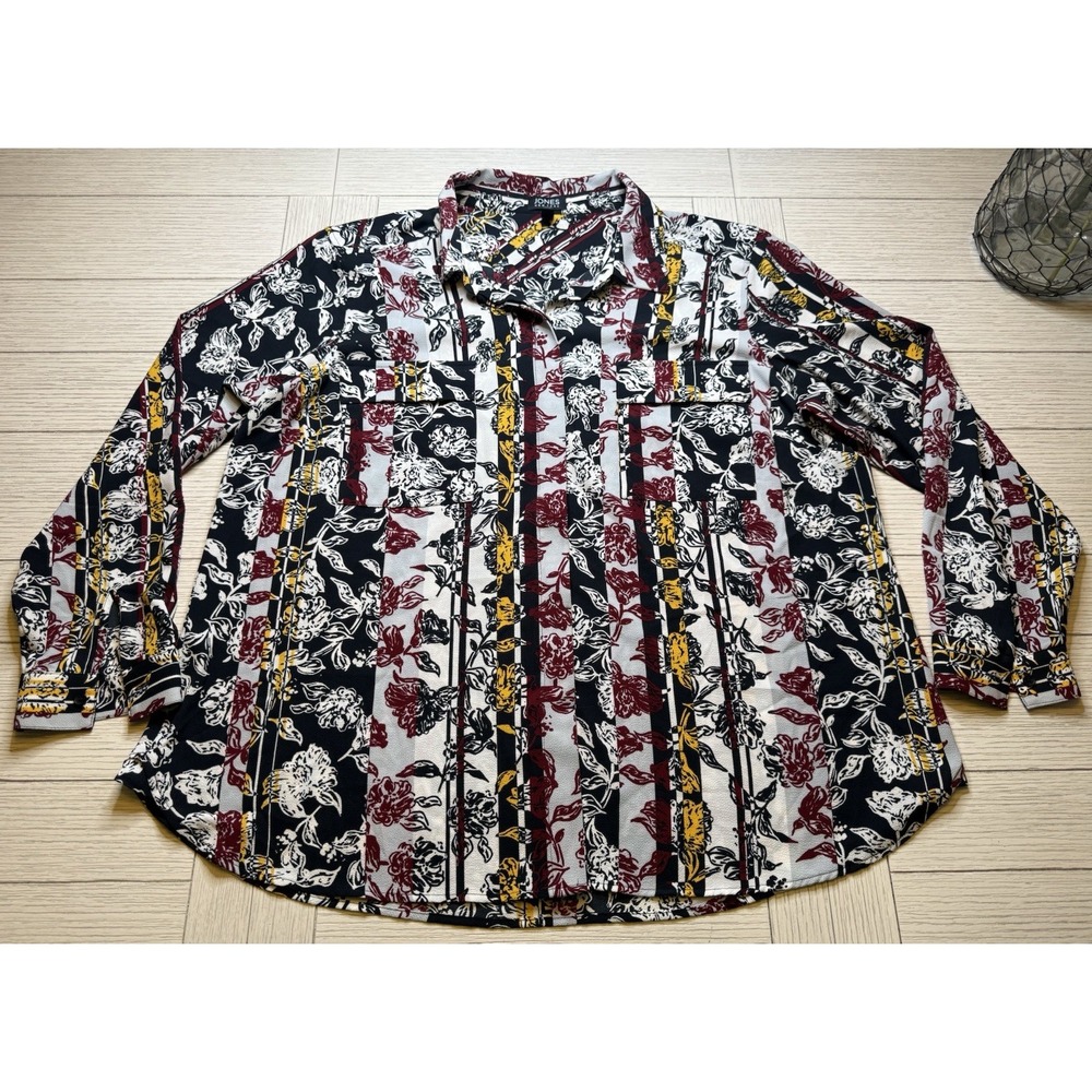 Jones New York Floral Striped Pocket Tassel Latch Sleeve Blouse Shirt Women 2X